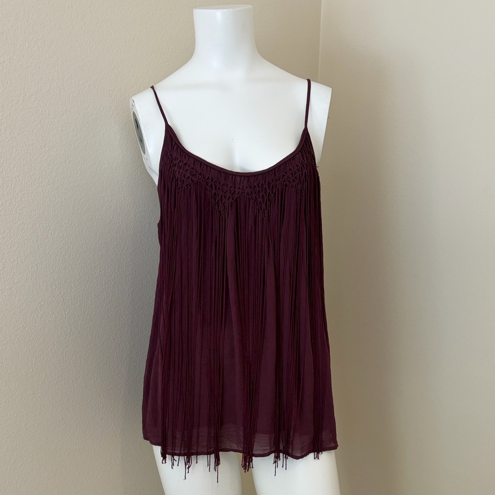 Joie Burgandy Wine Boho Spaghetti strap blouse with fringe Detail